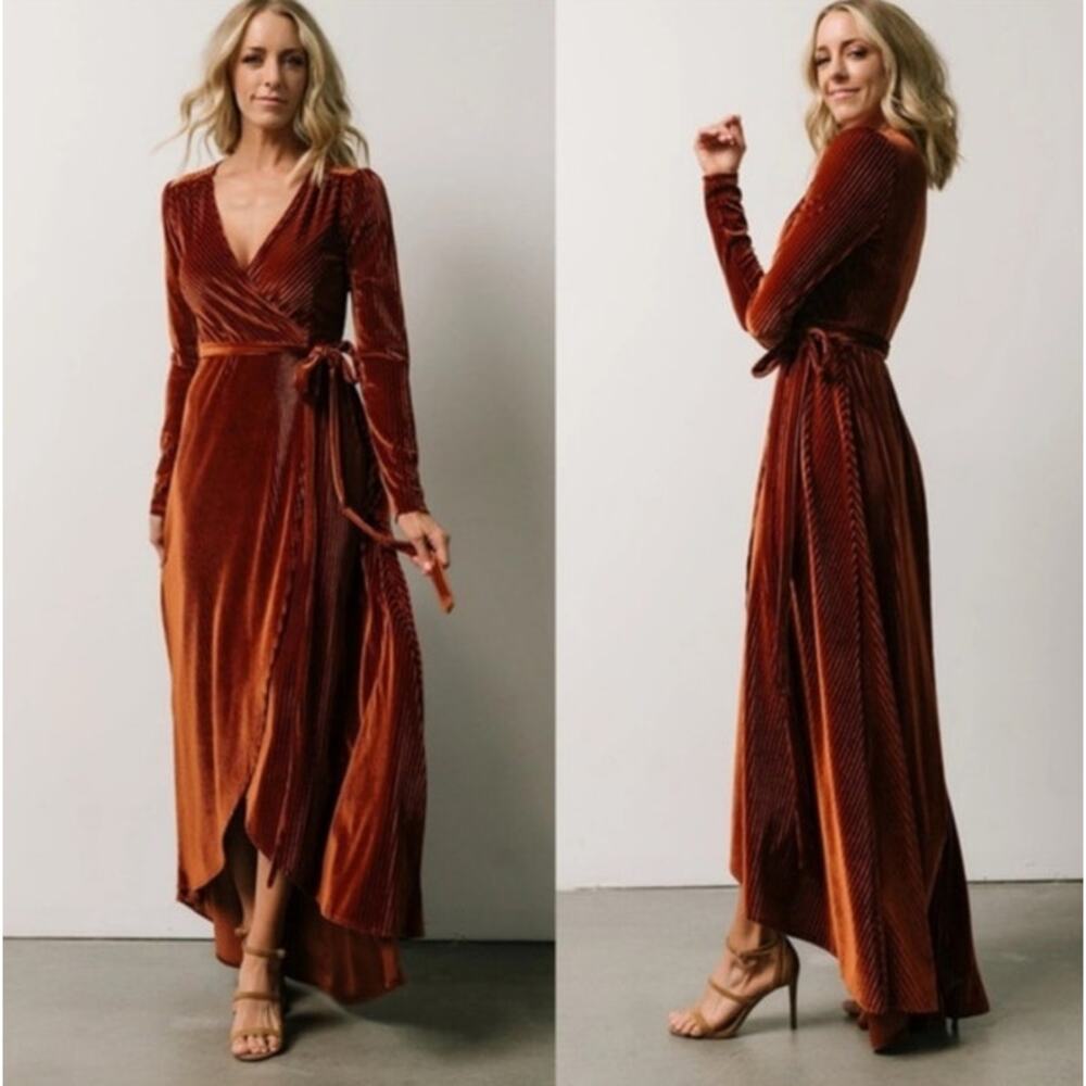 Baltic Born Velvet Wrap Maxi Dress XL Rust Orange V Neck Ribbed Tie Waist